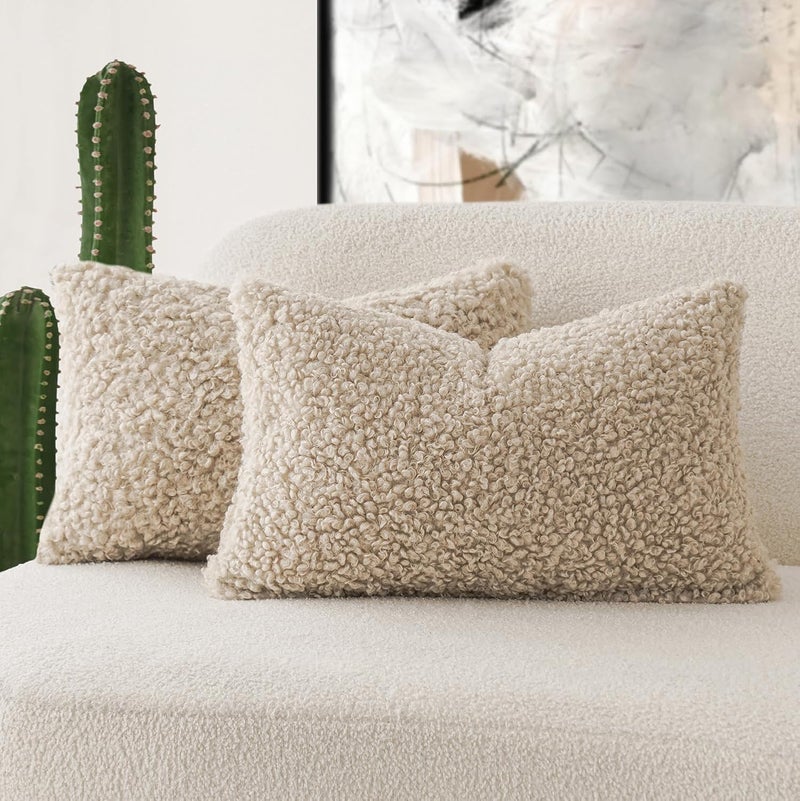 Foindtower Set of 2 Curly Teddy Wool Pillow Covers Decorative Boucle Textured Lumbar Throw Pillow Faux Fur Pillowcases Sheepskin Cushion Case for Sofa Bedroom Car 12"x20" Light Khaki - Image 1